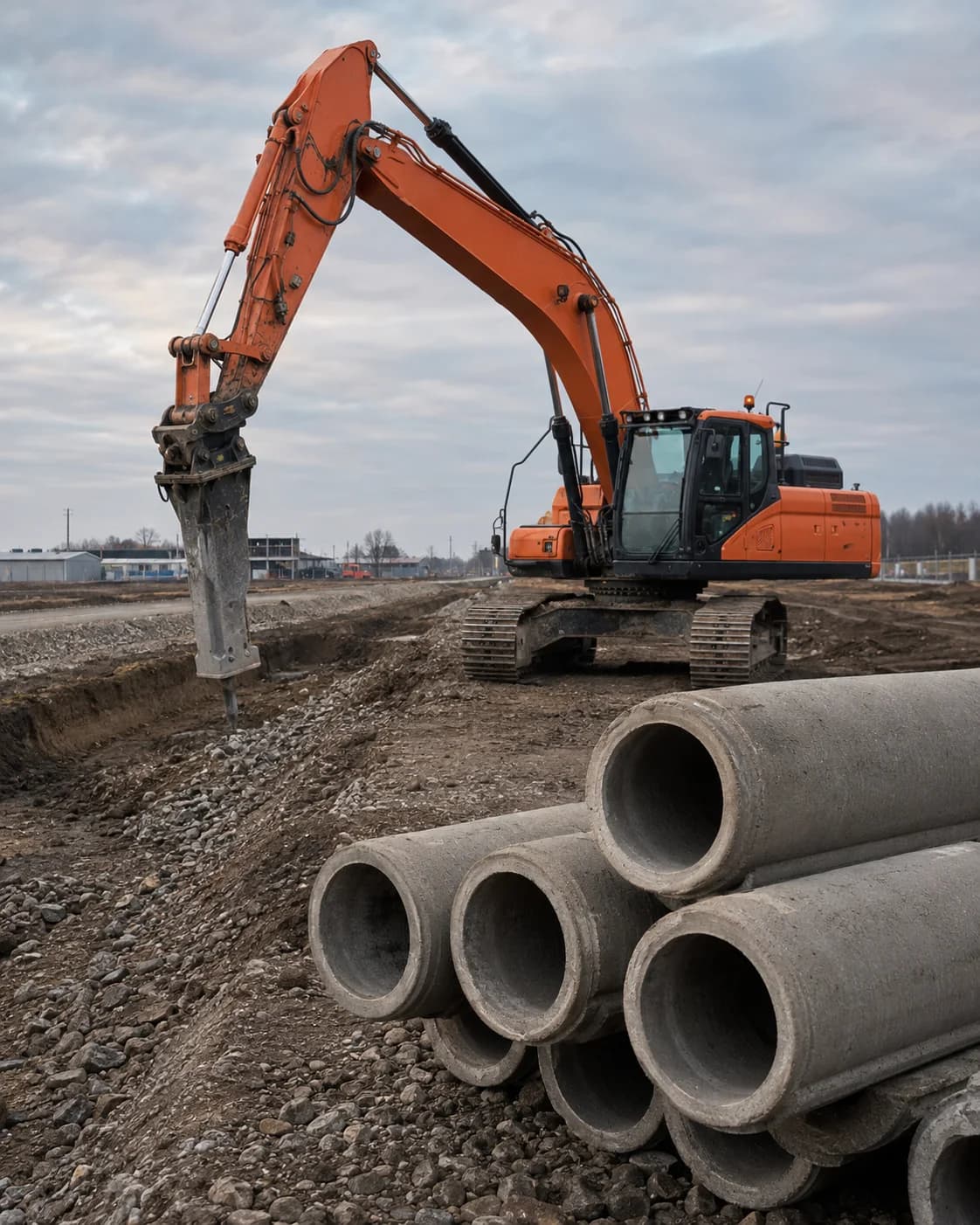 Oranger Bagger und Betonrohre auf einer Tiefbaustelle, KI-generiertes Motiv